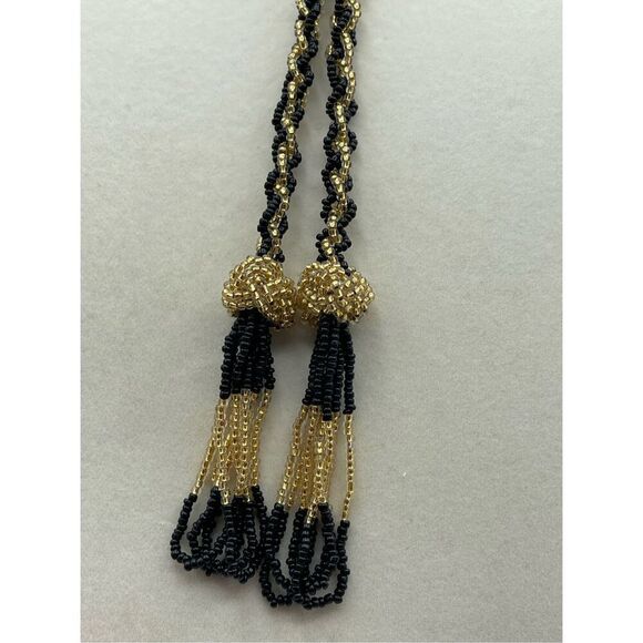 Vintage long seed bead flapper style black n gold necklace - Picture 8 of 11